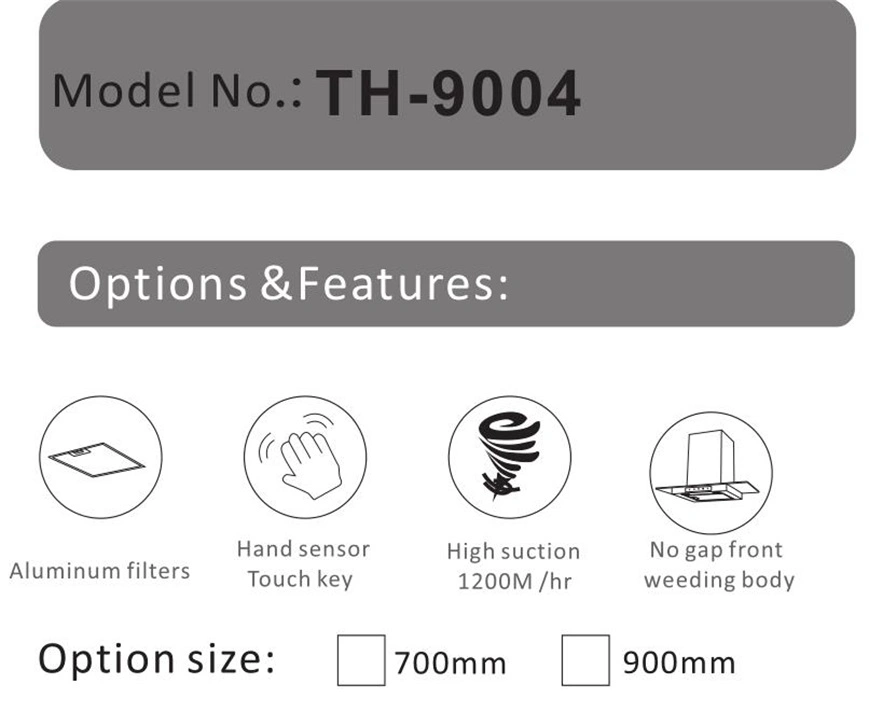 Capilla de cristal moderada de alta calidad grande Th-9004 de la gama del lado superior de la succión de la cocina